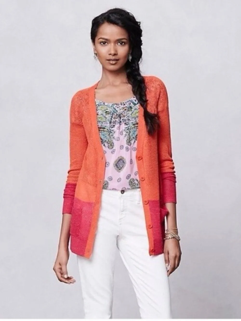 NWOT ANTHROPOLOGIE MOTH Orange & Pink Open Cardigan Sweater - Picture 2 of 12